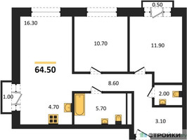 Планировка двухкомнатной(квартира) площадью 64.5 квадратных метров в “ЖК Квартал Метроном”