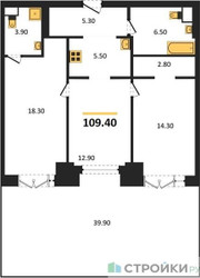 Планировка двухкомнатной(квартира) площадью 109.4 квадратных метров в ЖК “ЖК Мираполис”