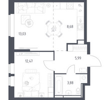 Планировка однокомнатной(квартира) площадью 44.05 квадратных метров в “ЖК Большое Путилково”