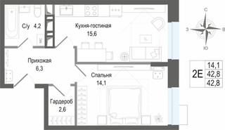 Планировка двухкомнатной(квартира) площадью 42.8 квадратных метров в “ЖК КИНОКВАРТАЛ”
