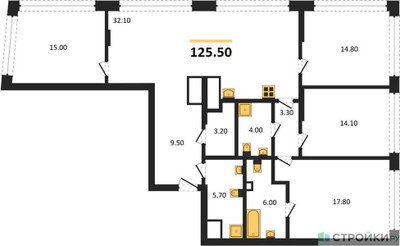 Планировка 4+ комнатной(квартира) площадью 125.5 квадратных метров в ЖК “ЖК Остров”