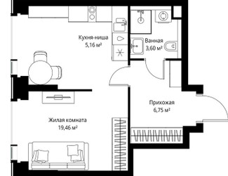 Планировка однокомнатной(квартира) площадью 34.97 квадратных метров в ЖК “Мультиквартал СИТИДЗЕН”