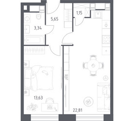 Планировка однокомнатной(апартаменты) площадью 46.58 квадратных метров в ЖК “ЖК Пятницкое 58 (Перец)”