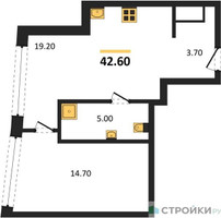 Планировка однокомнатной(квартира) площадью 42.6 квадратных метров в “ЖК Остров”