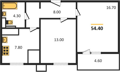 Планировка двухкомнатной(квартира) площадью 54.4 квадратных метров в ЖК “ЖК Парк Легенд 2”