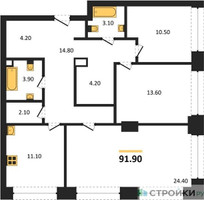 Планировка трехкомнатной(квартира) площадью 91.9 квадратных метров в “ЖК Архитектурный проект RAKURS (Ракурс)”