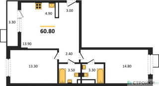 Планировка двухкомнатной(квартира) площадью 60.8 квадратных метров в “ЖК Прокшино”