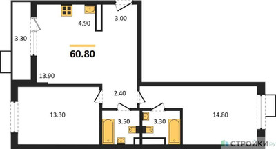 Планировка двухкомнатной(квартира) площадью 60.8 квадратных метров в ЖК “ЖК Прокшино”