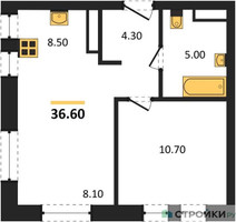 Планировка однокомнатной(квартира) площадью 36.6 квадратных метров в “ЖК Квартал на воде (Графика на воде)”