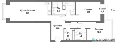 Планировка двухкомнатной(квартира) площадью 100.8 квадратных метров в ЖК “ЖК Ренессанс”