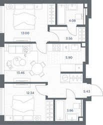 Планировка двухкомнатной(квартира) площадью 61.66 квадратных метров в ЖК “ЖК TATE (Тэйт)”