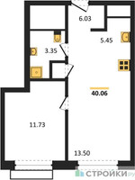 Планировка однокомнатной(квартира) площадью 40.06 квадратных метров в “ЖК LIFE Варшавская”