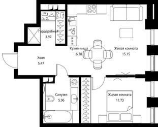 Планировка однокомнатной(квартира) площадью 48.66 квадратных метров в ЖК “ЖК Сити Бэй”