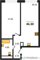 Планировка однокомнатной(квартира) площадью 46.3 квадратных метров в “Акценты”