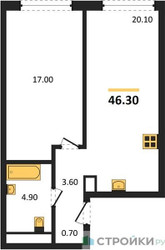 Планировка однокомнатной(квартира) площадью 46.3 квадратных метров в ЖК “Акценты”