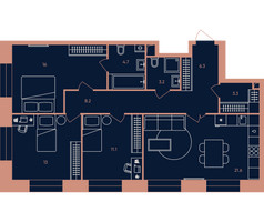 Планировка трехкомнатной(квартира) площадью 87.4 квадратных метров в “ЖК Era (Эра)”