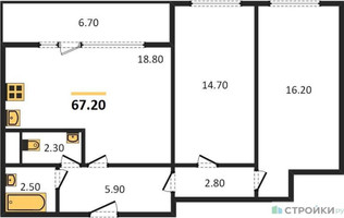Планировка двухкомнатной(квартира) площадью 67.2 квадратных метров в “ЖК Карамельный”