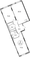 Планировка двухкомнатной(квартира) площадью 67.4 квадратных метров в “ЖК Переделкино Ближнее”