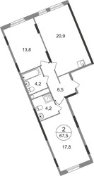 Планировка двухкомнатной(квартира) площадью 67.4 квадратных метров в ЖК “ЖК Переделкино Ближнее”