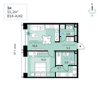 Планировка однокомнатной(квартира) площадью 51.2 квадратных метров в “СберСити в Рублево-Архангельском”