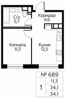 Планировка однокомнатной(квартира) площадью 34.1 квадратных метров в “ЖК Цветочные Поляны Сити”