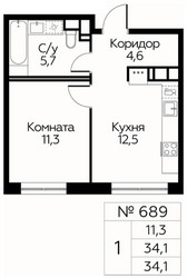 Планировка однокомнатной(квартира) площадью 34.1 квадратных метров в ЖК “ЖК Цветочные Поляны Сити”