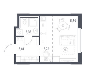 Планировка студии(квартира) площадью 26.42 квадратных метров в ЖК “ЖК Прибрежный Парк”