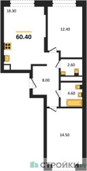 Планировка двухкомнатной(квартира) площадью 60.4 квадратных метров в ЖК “ЖК Переделкино Ближнее”