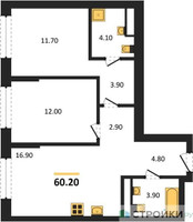 Планировка двухкомнатной(квартира) площадью 60.2 квадратных метров в “Архитектурный проект U2 (ЮТУ)”