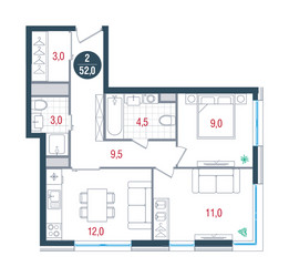 Планировка двухкомнатной(квартира) площадью 52 квадратных метров в ЖК “ЖК РУСИЧ-Кантемировский”