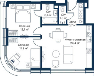 Планировка двухкомнатной(квартира) площадью 56.4 квадратных метров в ЖК “ЖК City bay (Сити Бэй)”