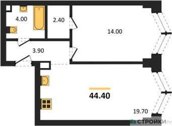 Планировка однокомнатной(квартира) площадью 44.4 квадратных метров в ЖК “ЖК ЗИЛАРТ”