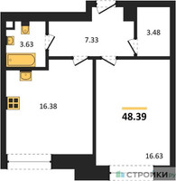 Планировка однокомнатной(квартира) площадью 48.39 квадратных метров в “ЖК Sezar City (Сезар Сити)”