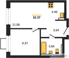 Планировка однокомнатной(квартира) площадью 32.37 квадратных метров в “ЖК Новое Видное”