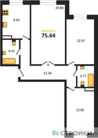 Планировка трехкомнатной(квартира) площадью 75.64 квадратных метров в “Ласточкино”