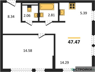 Планировка однокомнатной(квартира) площадью 47.47 квадратных метров в ЖК “ЖК Остафьево”