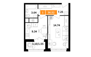Планировка однокомнатной(квартира) площадью 36.52 квадратных метров в “ЖК Планерный Квартал”