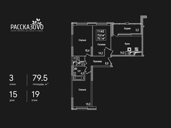 Планировка трехкомнатной(квартира) площадью 79.5 квадратных метров в ЖК “ЖК Рассказово”