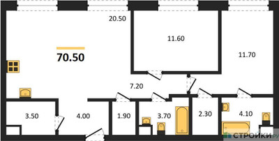 Планировка двухкомнатной(квартира) площадью 70.5 квадратных метров в ЖК “ЖК Voxhall (Воксхолл)”