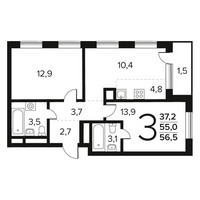 Планировка трехкомнатной(квартира) площадью 56.5 квадратных метров в “Новые Ватутинки. Заречный”
