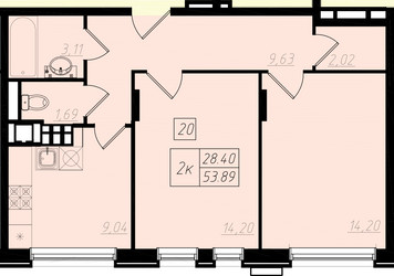 Планировка двухкомнатной(квартира) площадью 54.4 квадратных метров в ЖК “ЖК Бристоль”