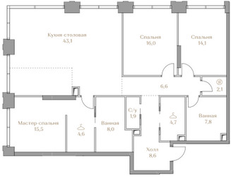 Планировка трехкомнатной(квартира) площадью 133 квадратных метров в ЖК “ЖК Коллекция Лужники”