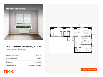 Планировка трехкомнатной(квартира) площадью 87.3 квадратных метров в ЖК “ЖК Никольские луга”