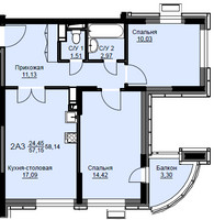 Планировка двухкомнатной(квартира) площадью 58 квадратных метров в “ЖК Соболевка”