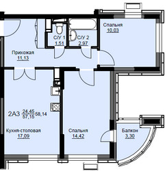 Планировка двухкомнатной(квартира) площадью 58 квадратных метров в ЖК “ЖК Соболевка”