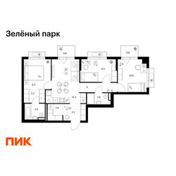 Планировка трехкомнатной(квартира) площадью 66.4 квадратных метров в ЖК “ЖК Зеленый парк”
