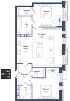 Планировка трехкомнатной(квартира) площадью 77.8 квадратных метров в “ЖК КИНОКВАРТАЛ”