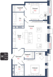 Планировка трехкомнатной(квартира) площадью 77.8 квадратных метров в ЖК “ЖК КИНОКВАРТАЛ”