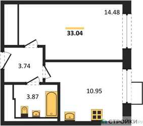 Планировка однокомнатной(квартира) площадью 33.04 квадратных метров в ЖК “ЖК Молжаниново”