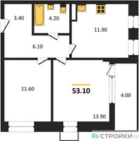 Планировка двухкомнатной(квартира) площадью 53.1 квадратных метров в “ЖК Прокшино”